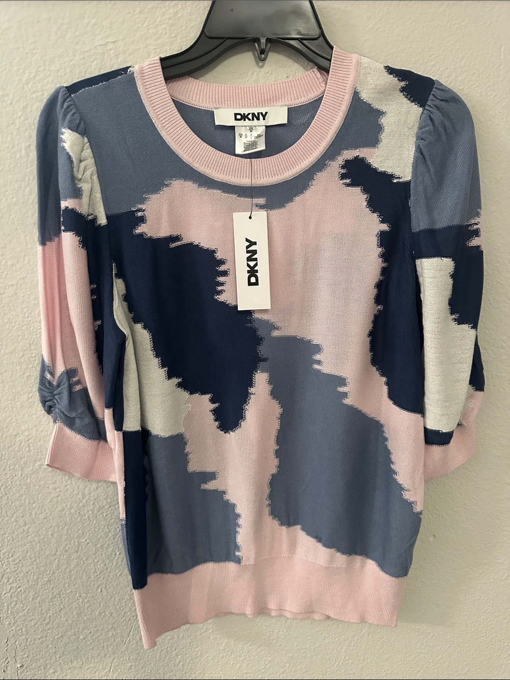 DKNY Pink Navy Gray Abstract Colorblock Short Sleeve Sweater